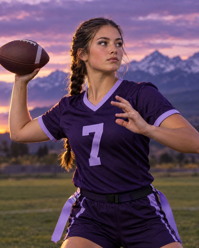 An APEX quarterback in a plum jersey sets up to throw at dusk